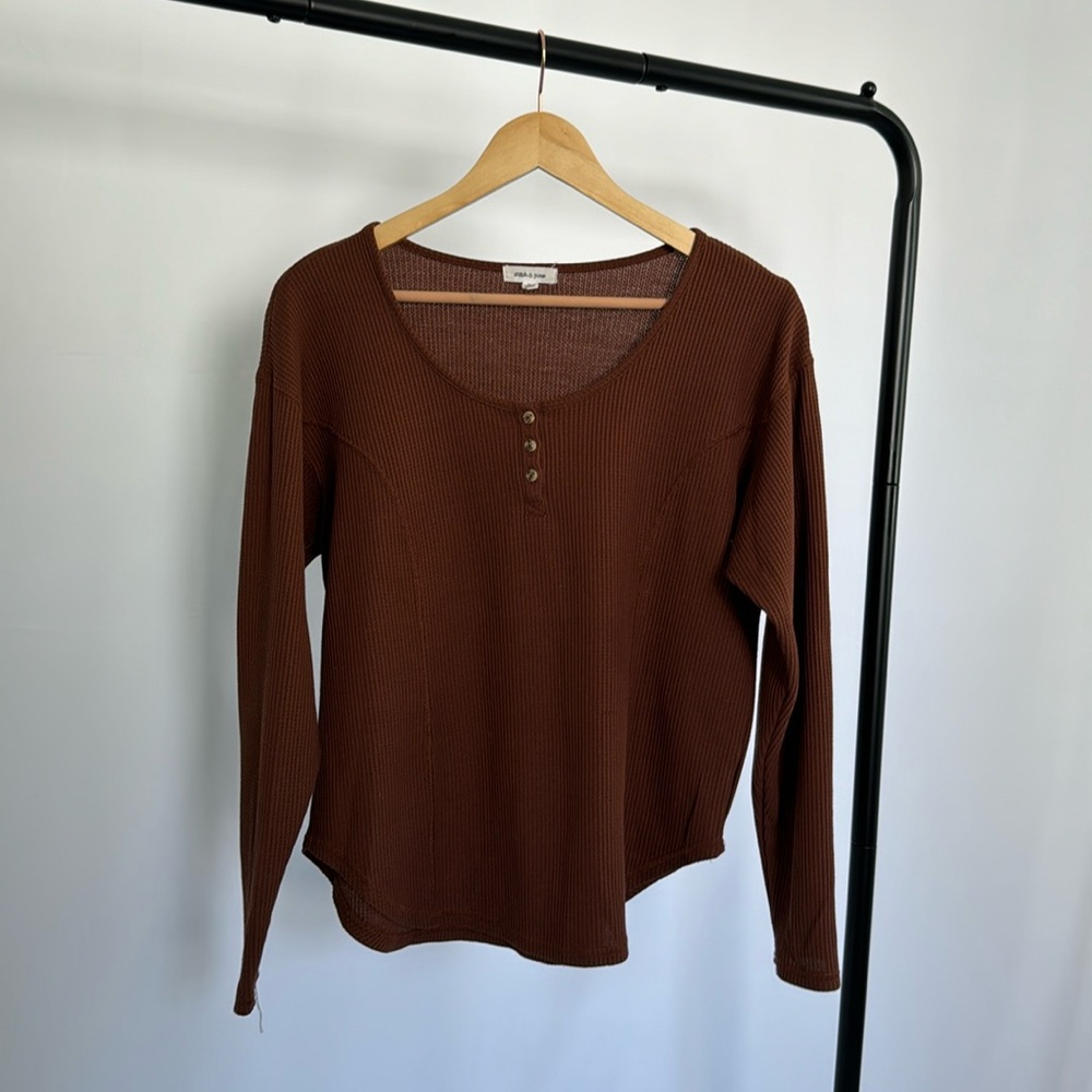 Brown Thermal Waffle Knit Long Sleeved Tee Shirt | Cool Walk On a Fall Day Ready